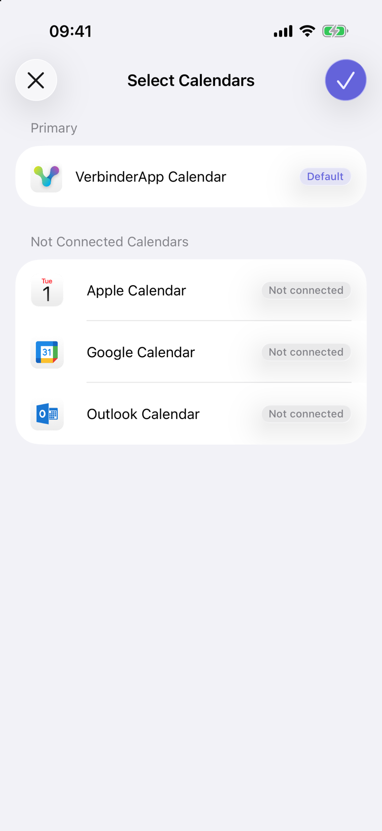 Select Calendars on iPhone. VerbinderApp Calendar is listed under Primary and marked Default. Apple Calendar, Google Calendar, and Outlook Calendar say Not connected.