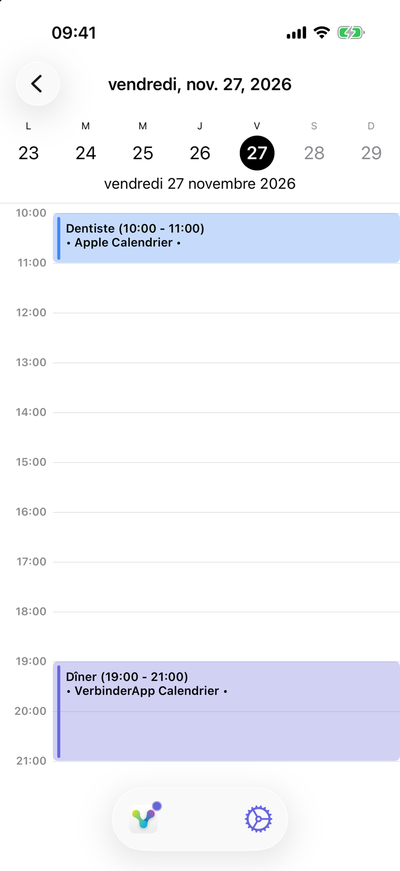 Vendredi 27 novembre 2026. Dentiste de 10:00 à 11:00 est indiqué Apple Calendrier. Dîner de 19:00 à 21:00 est indiqué VerbinderApp Calendrier.
