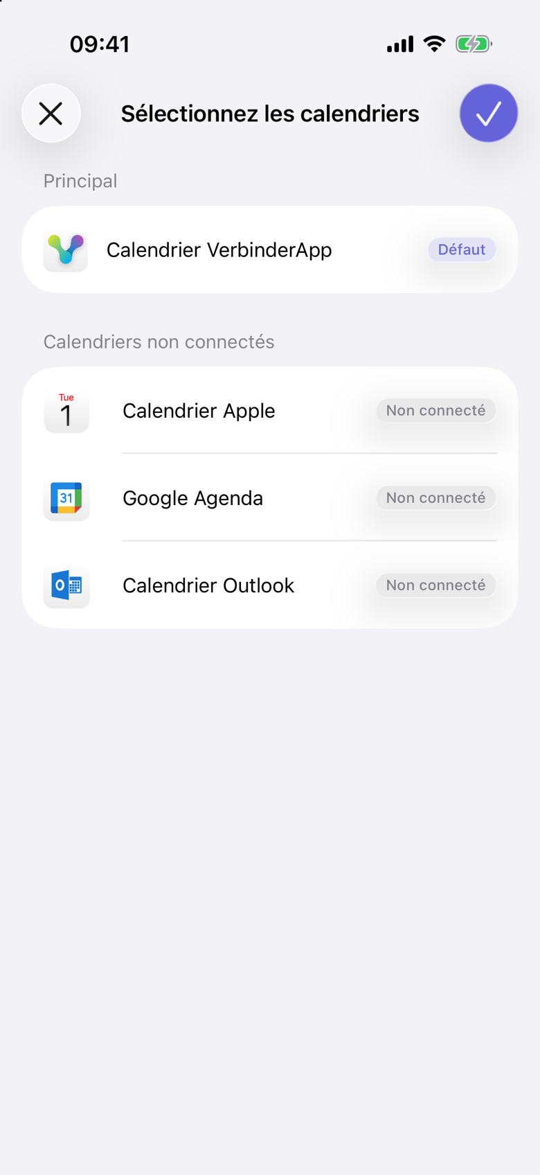 Sélectionnez les calendriers sur iPhone. Calendrier VerbinderApp est sous Principal et marqué Défaut. Calendrier Apple, Google Agenda et Calendrier Outlook indiquent Non connecté.