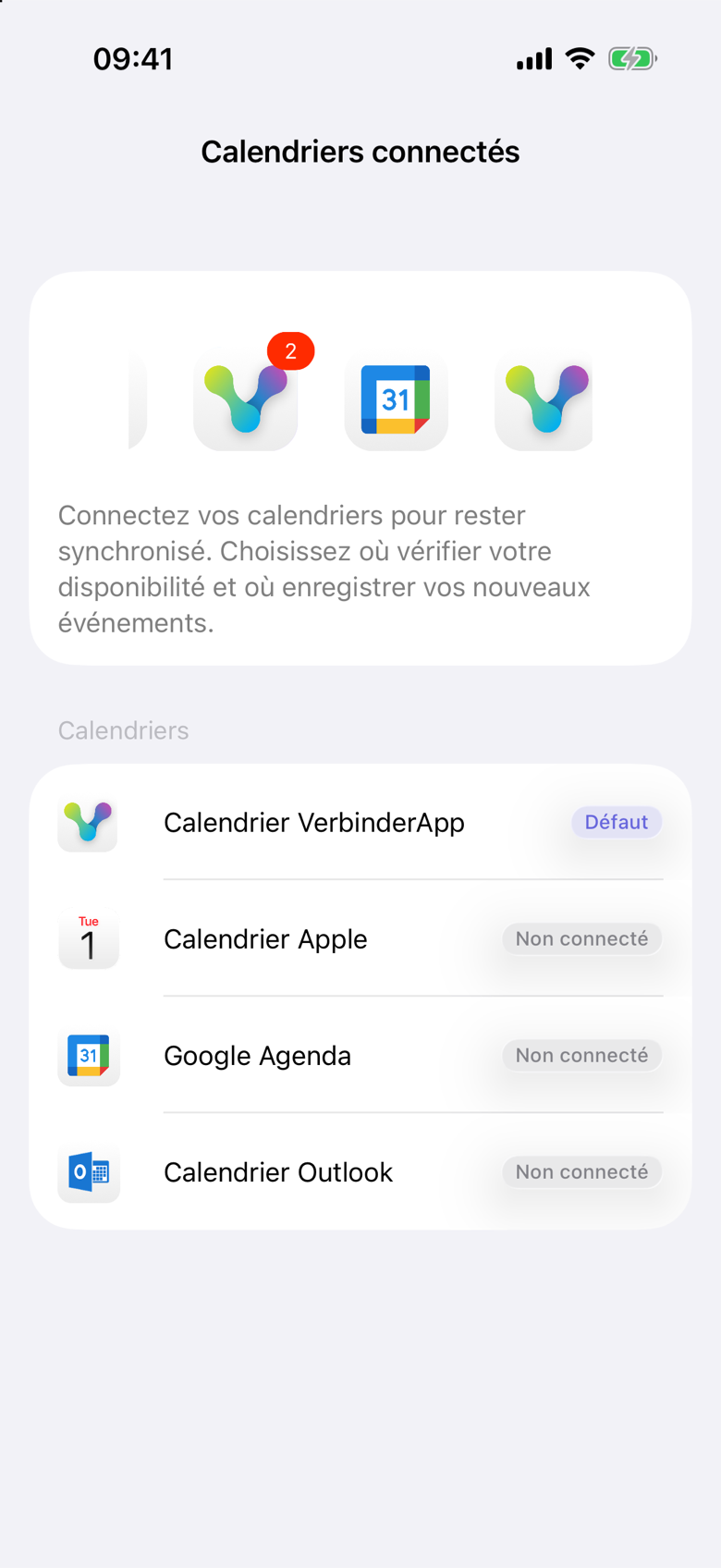 Calendriers connectés sur iPhone. Calendrier VerbinderApp est marqué Défaut. Calendrier Apple, Google Agenda et Calendrier Outlook indiquent Non connecté.