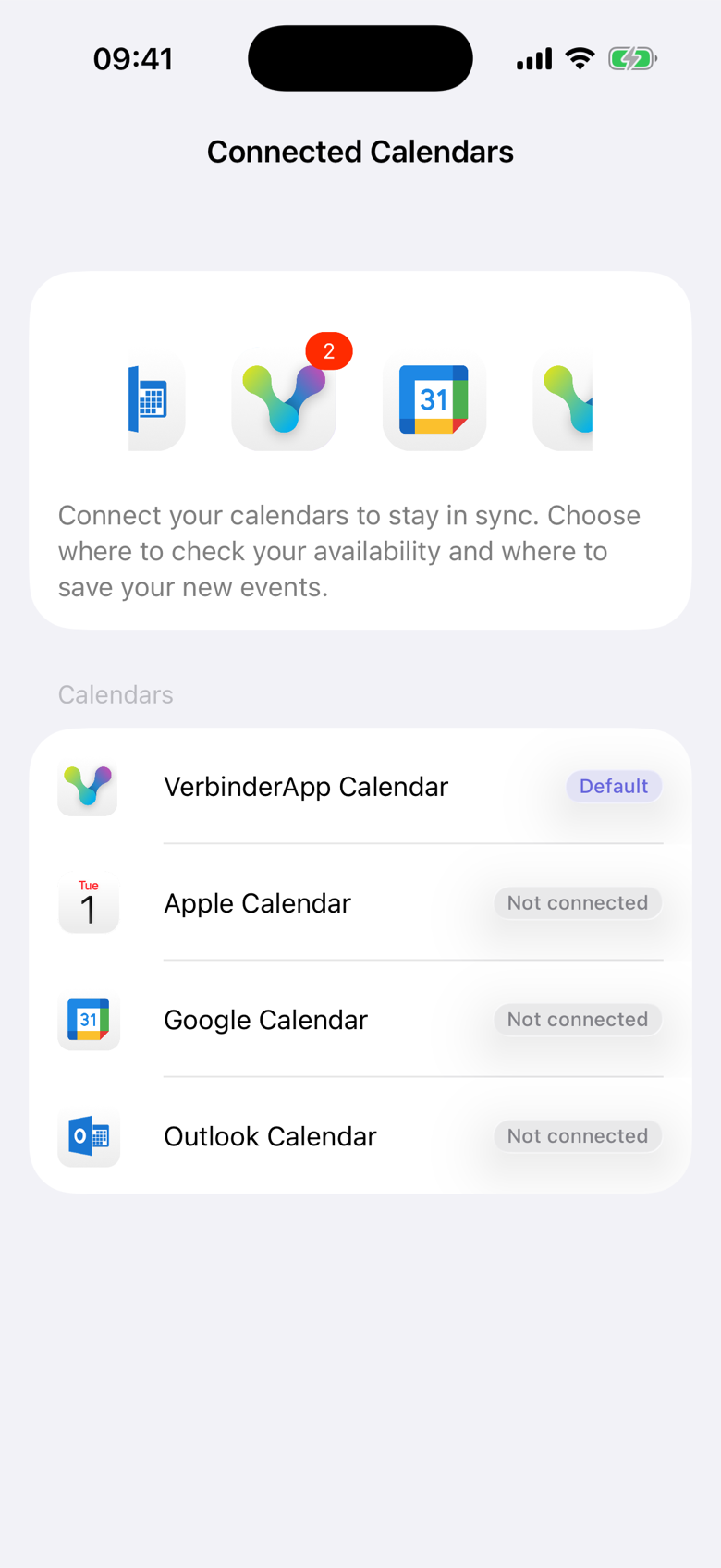 Connected Calendars on iPhone. VerbinderApp Calendar is marked Default. Apple Calendar, Google Calendar, and Outlook Calendar each say Not connected.
